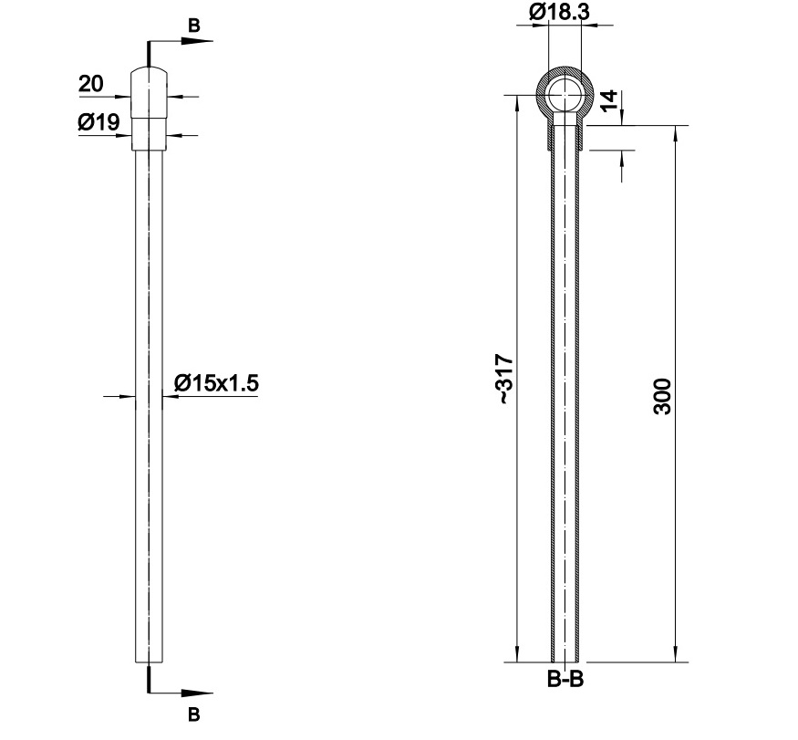 Rurka prosta FI-15 z oczkiem 18mm długość 300mm HYDRAL
