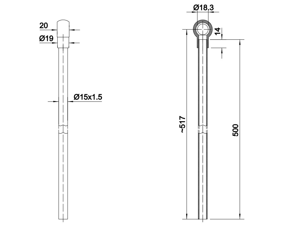 Rurka prosta Fi-15 z oczkiem 18mm długość 500mm HYDRAL