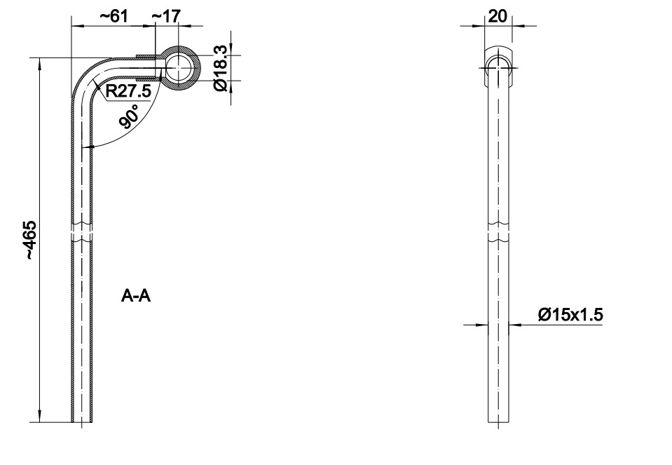 Rurka wygięta 90 stopni Fi-15 z oczkiem 18mm długość 500mm HYDRAL