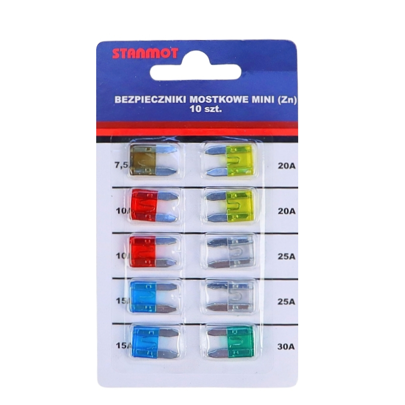 Zestaw komplet bezpieczników płytkowych mini 10szt (zawieszka)