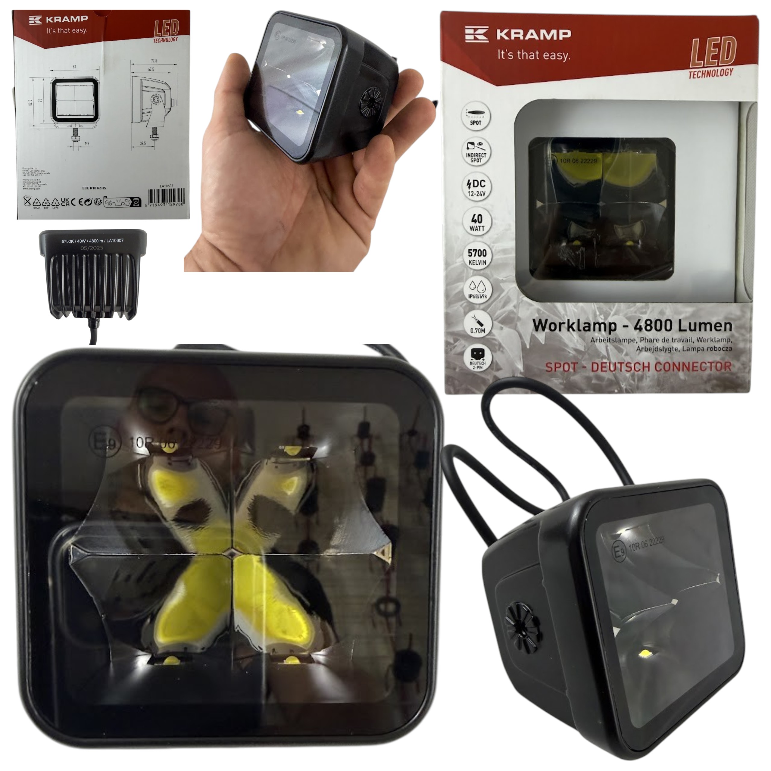 Lampa robocza LED kwadratowa 40W 4800 lm 12/24V 81×82,5×67,5 mm światło skupione Deutsch 4 LED