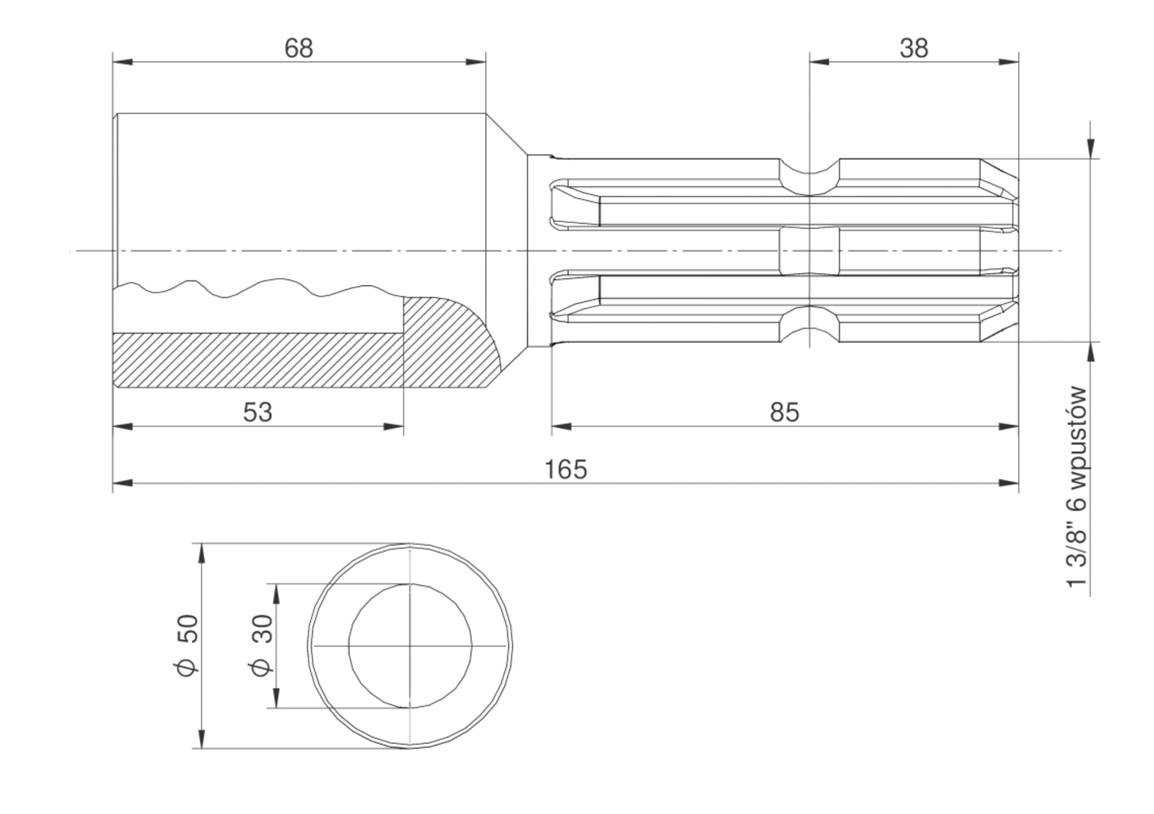 Redukcja wałka WOM adapter otwór wew. Q 30 mm na wałek 1 3/8" 6 wpustów MORGA
