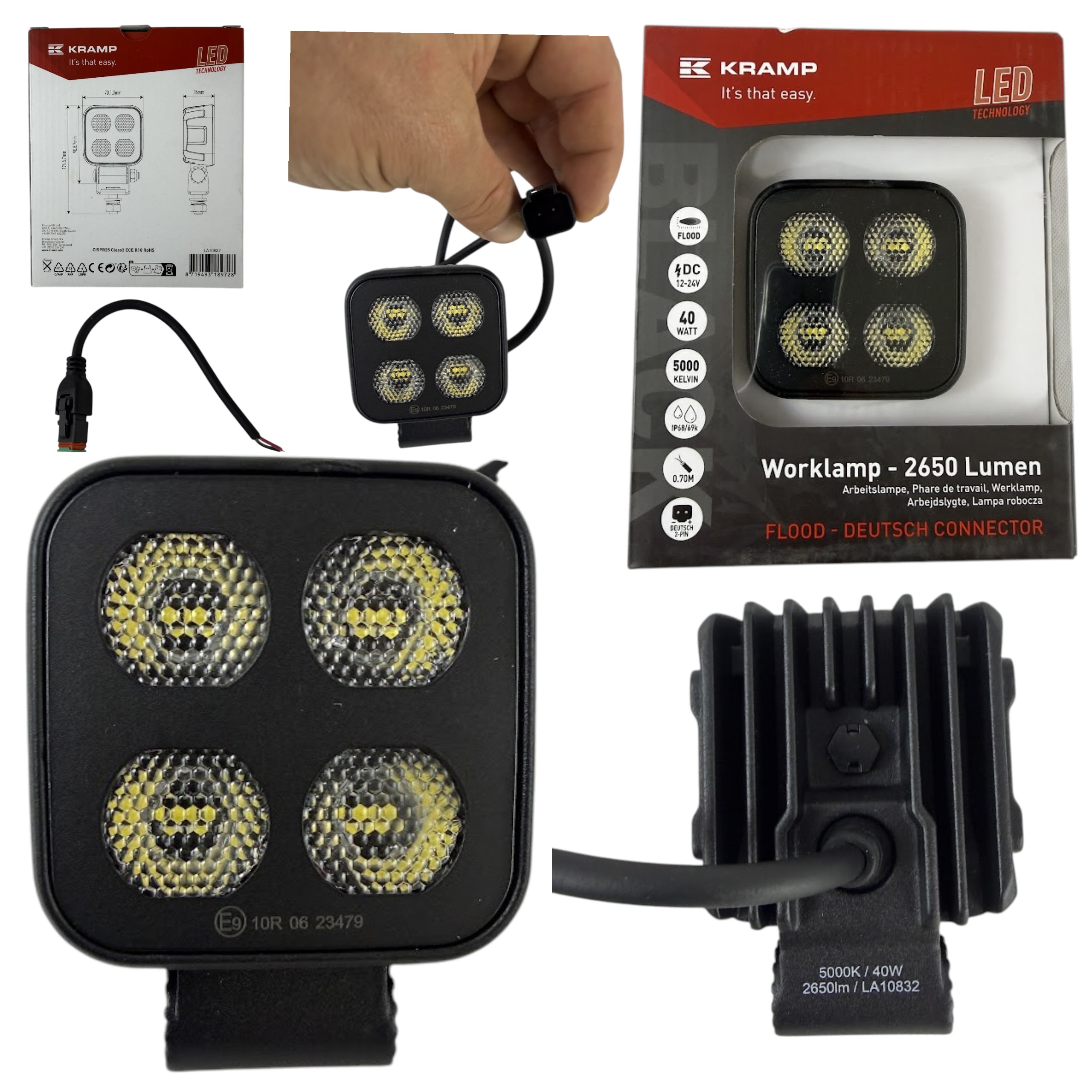 Lampa robocza LED 40W 2650 lm 12/24V kwadratowa Deutsch – światło rozproszone Kramp