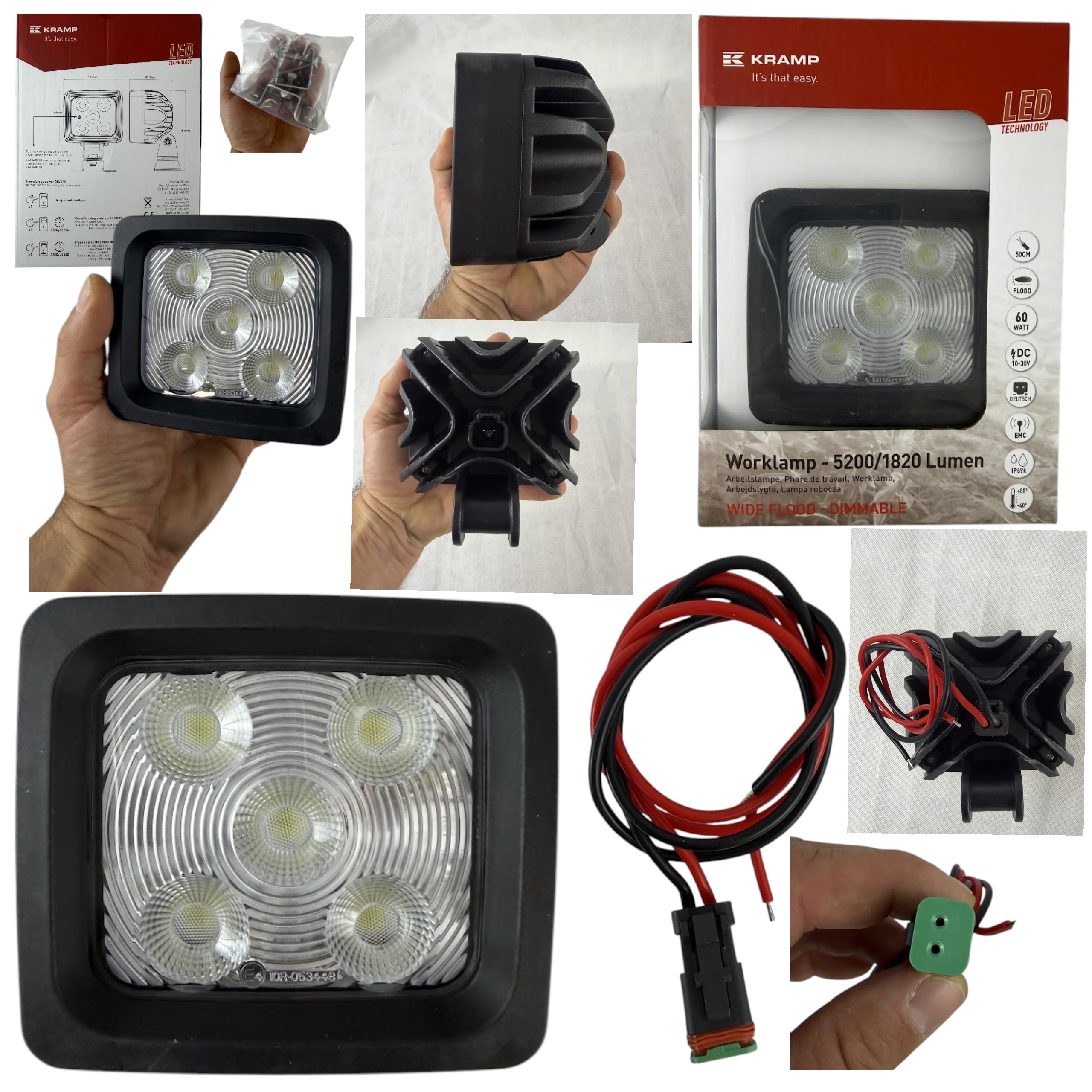 Lampa robocza LED Kramp kwadratowa 60W 1820/5200 lm 10–30V ściemniana, ultra szerokie światło, Deutsch 20 LED