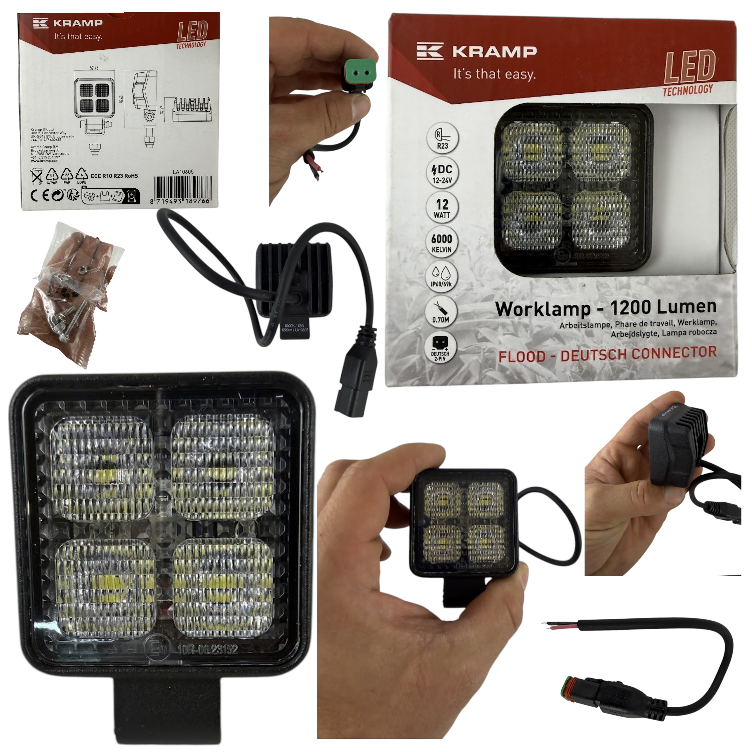 Lampa robocza LED Kramp kwadratowa 12W 1200 lm 12/24V 53,7×75,5×32,3 mm światło rozproszone Deutsch 8 LED