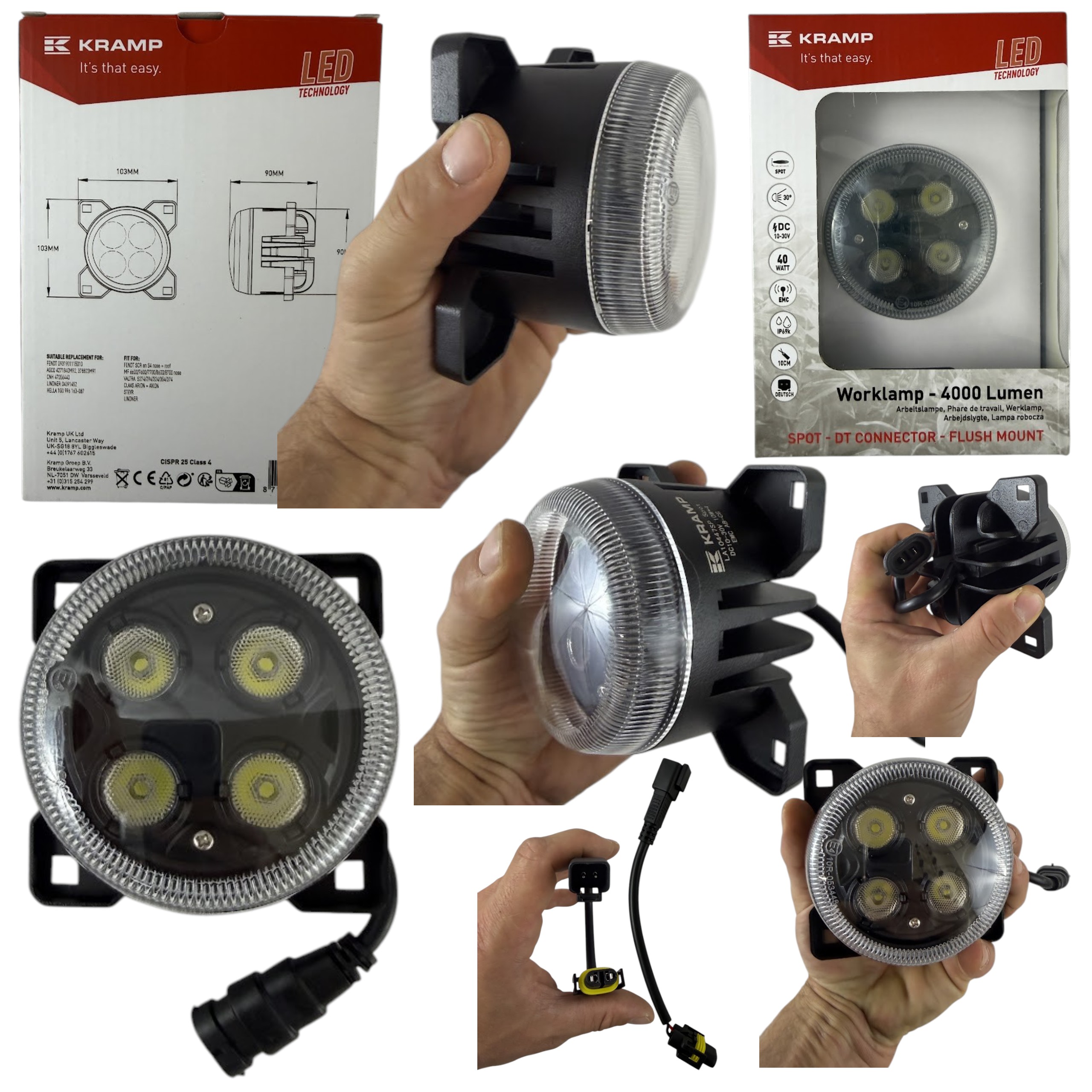 Lampa robocza LED Kramp okrągła 40W 4000 lm 10–30V Ø90 mm światło skupione H11/Deutsch 4 LED