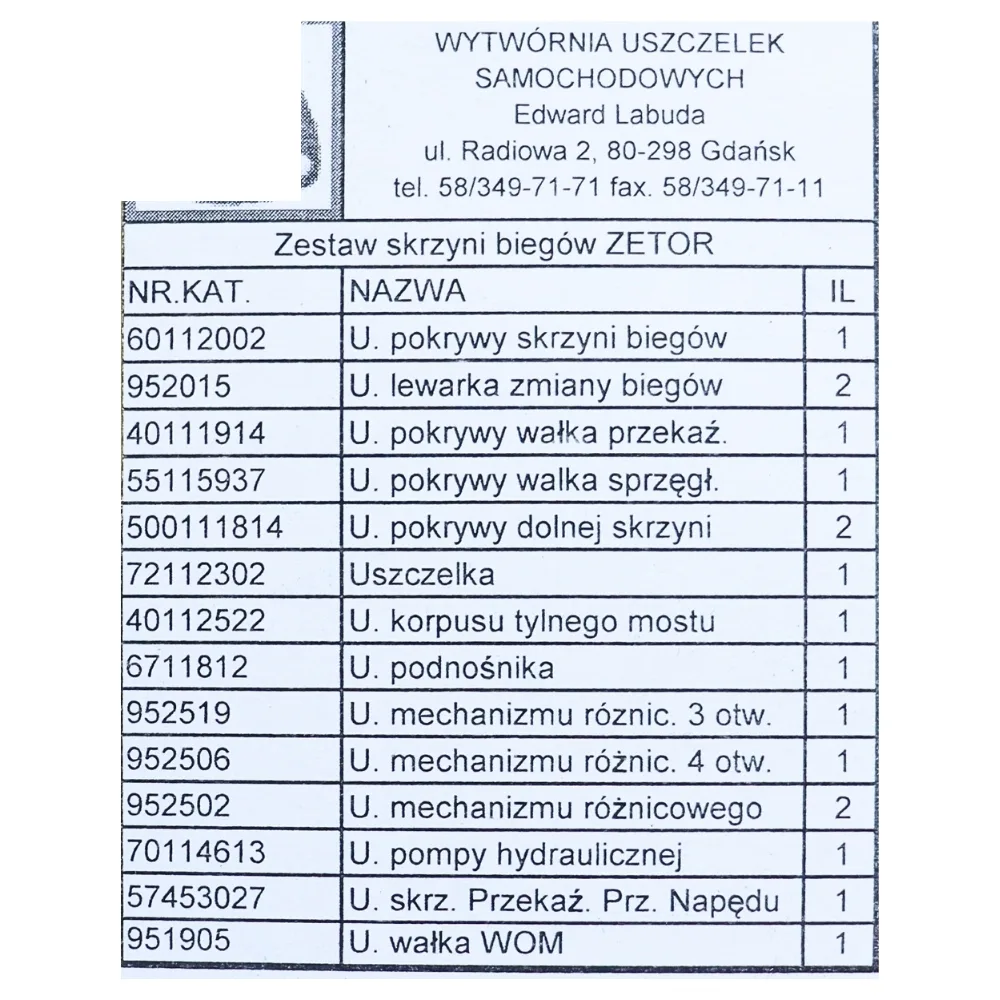Komplet uszczelek skrzyni Zetor 4-cylindry 7211