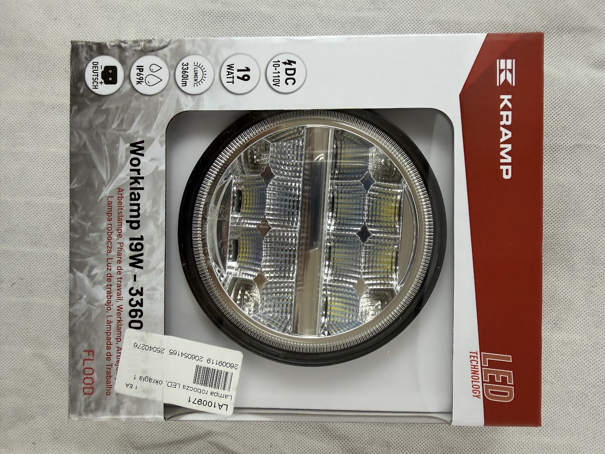 Lampa robocza LED Kramp okrągła 19W 3360 lm 10–110V Ø110×140×42 mm światło rozproszone Deutsch 2-pin 16 LED