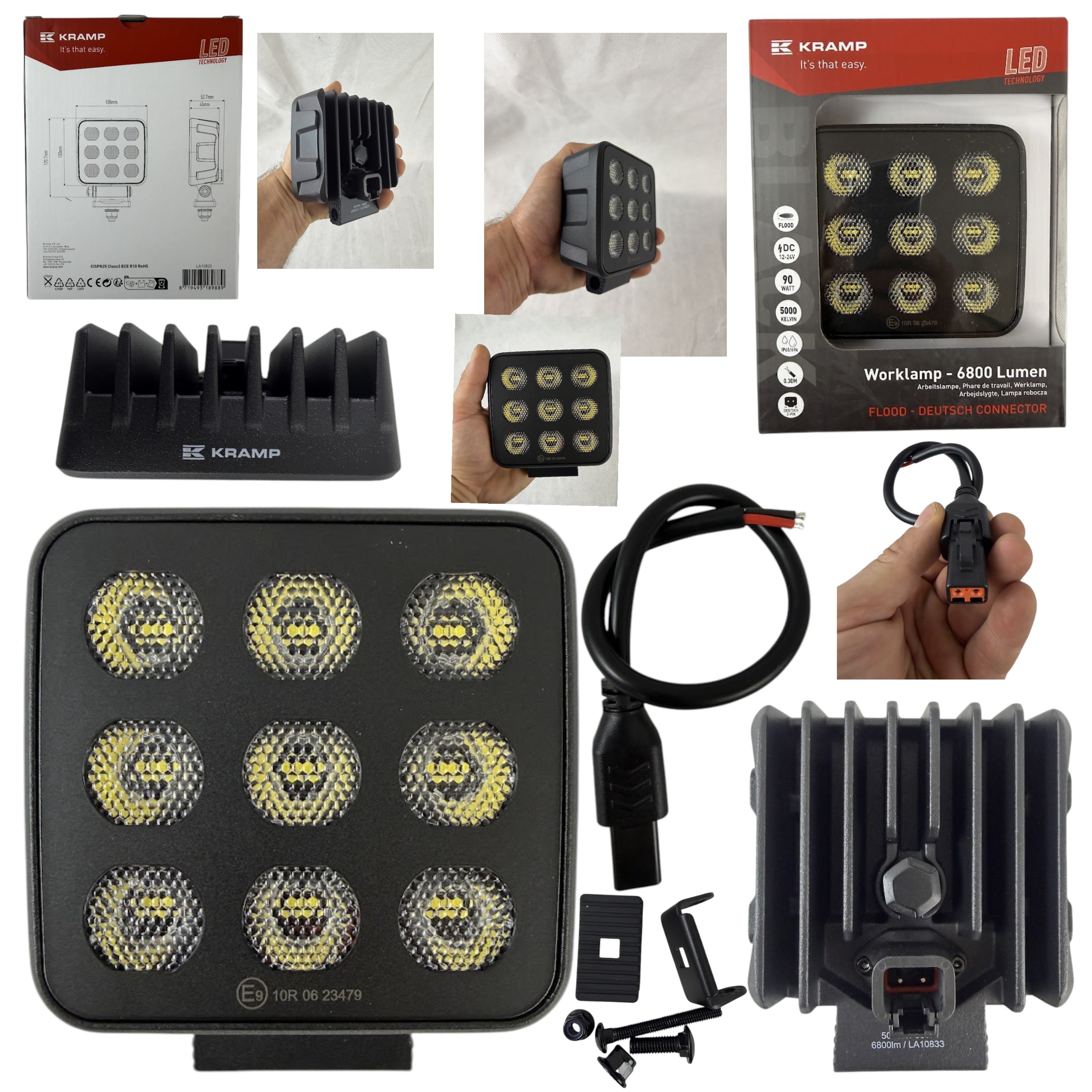 Lampa robocza LED kwadratowa Kramp 90W 6800 lm 12/24V 108×120,7×52,7 mm światło rozproszone Deutsch 18 LED