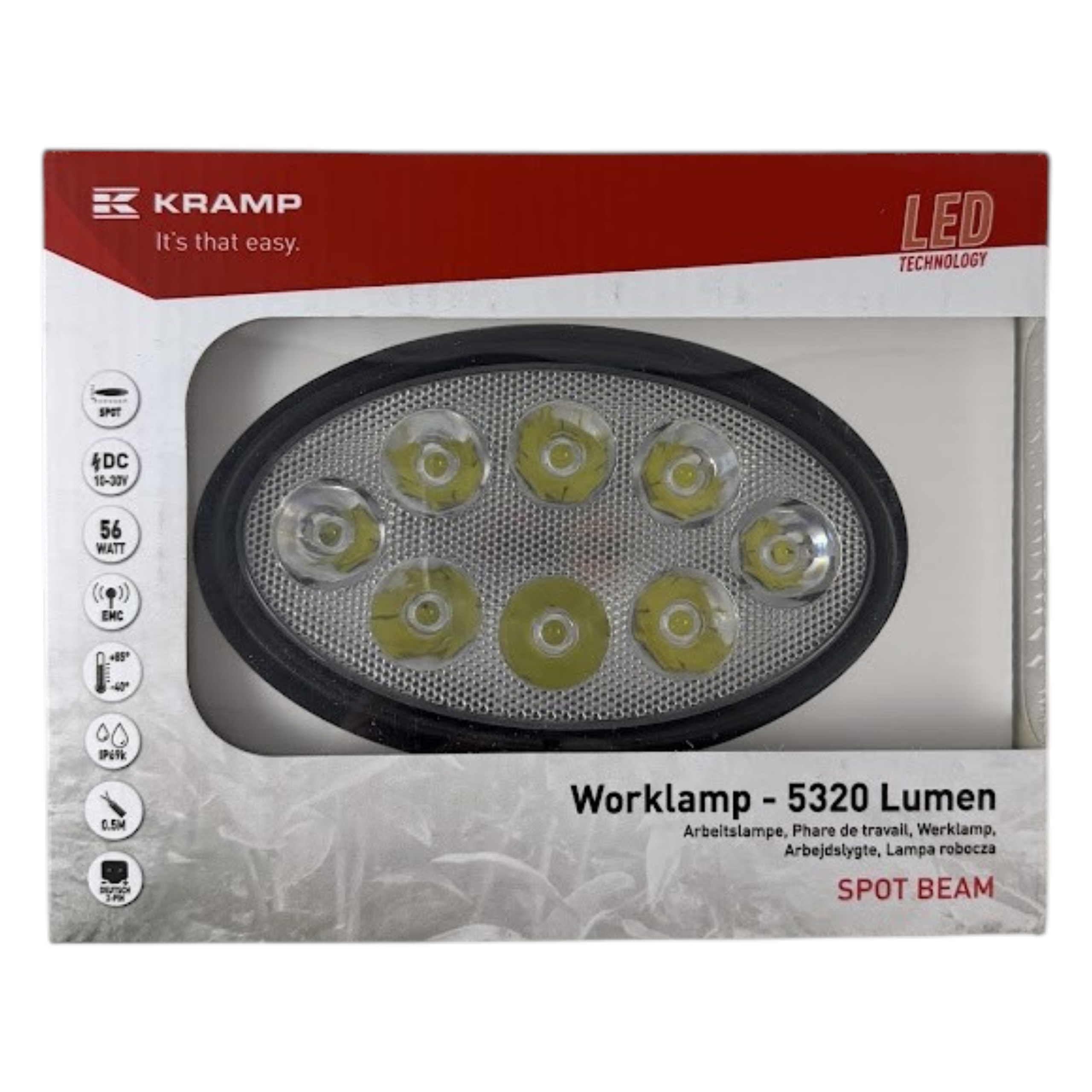 Lampa robocza LED 56W 5320 lm 12V 24V owalna – boczne mocowanie Kramp