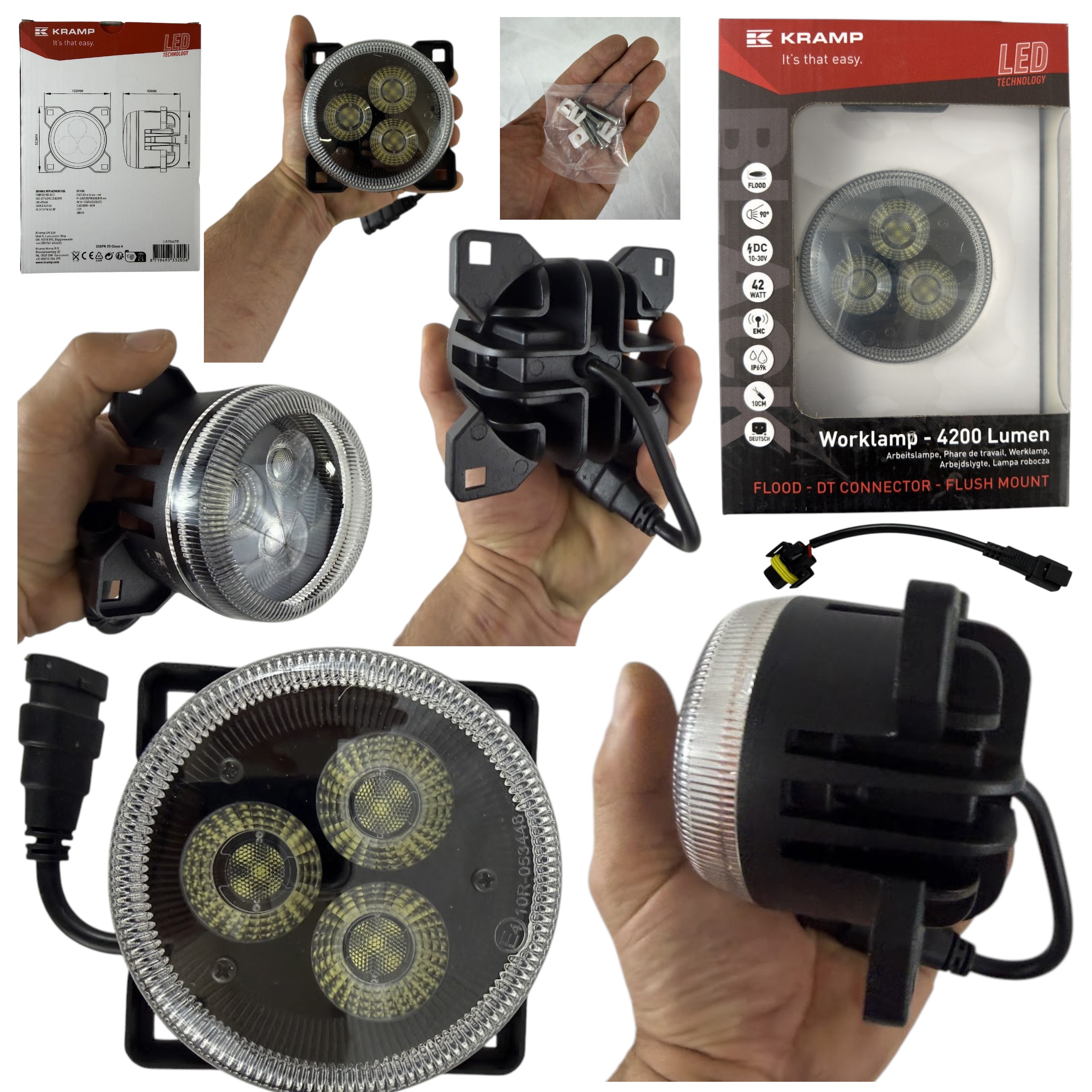 Lampa robocza LED Kramp okrągła 42W 4200 lm 10–30V Ø90 mm światło rozproszone H11/Deutsch 3 LED