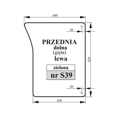 Szyba przednia dolna lewa gięta zielona do John Deere 36029
