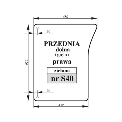 Szyba przednia dolna prawa gięta zielona do John Deere 36030