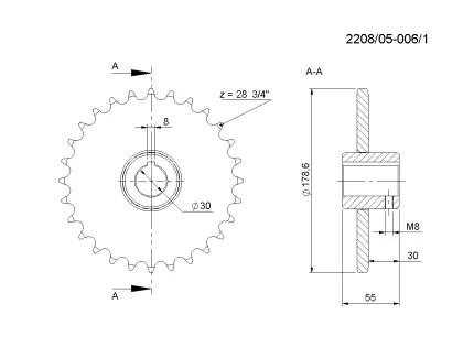 Koło łańcuchowe Z-28 FI-30mm 3/4 żeliwne rozrzutnik obornika Rolmus 15806