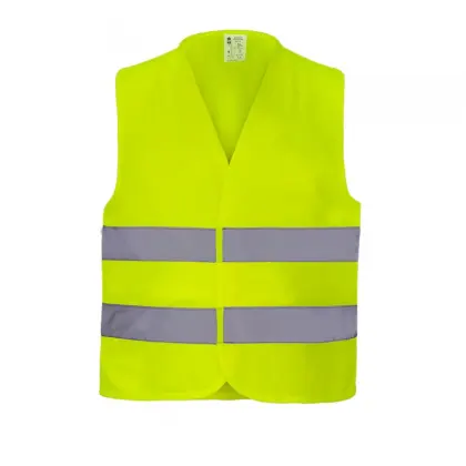 Kamizelka ostrzegawcza w kolorze żółtym fluorescencyjnym z dwoma pasami odblaskowymi, zapinana z przodu na rzep rozmiar XL