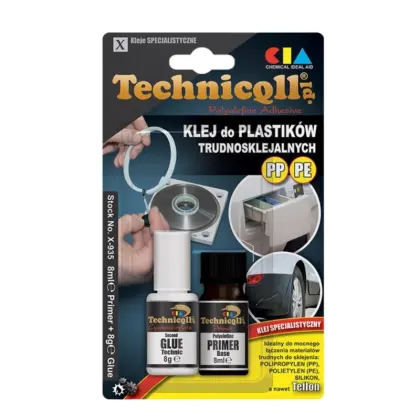 Klej do twardych plastików trudnosklejalnych 8g+8ml mocny bezbarwny X-935 Technicqll