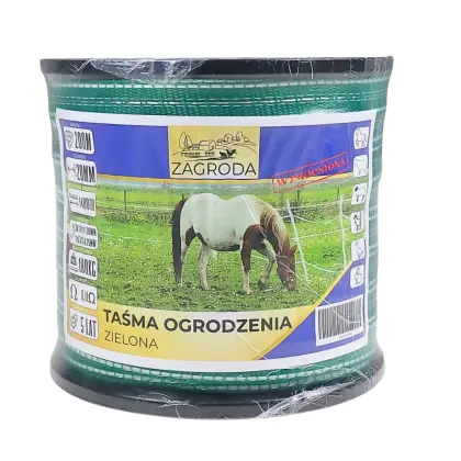 Taśma ogrodzenia elektryzatora pastucha wzmocniona 20mmx200m odporna na UV druty miedziane zielona zielona z białymi paskami Premium ZAGRODA