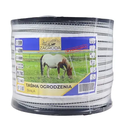 Taśma ogrodzenia elektryzatora pastucha wzmocniona z paskiem 40mmx200m odporna na UV druty miedziane o obniżonej oporności biała z czarnymi paskami Premium ZAGRODA