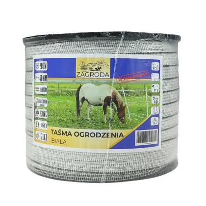 Taśma ogrodzenia elektryzatora pastucha wzmocniona 40mmx200m odporna na UV 11-drutów 0,30mm o obniżonej oporności z czarnym paskiem na brzegach ZAGRODA