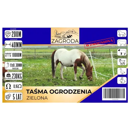 Taśma ogrodzenia elektryzatora pastucha wzmocniona 40mmx200m odporna na UV 11-drutów 0,30mm o obniżonej oporności zielona z białym paskiem na brzegach ZAGRODA