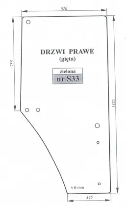 Szyba drzwi prawa gięta zielona do John Deere 23698