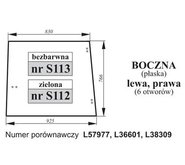 Szyba boczna John Deere 6-otworów L36601, L38309, L57977 27420