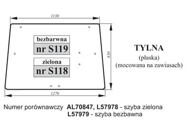 Szyba tylna zielona płaska do John Deere AL70847, L57978, L57979 27422
